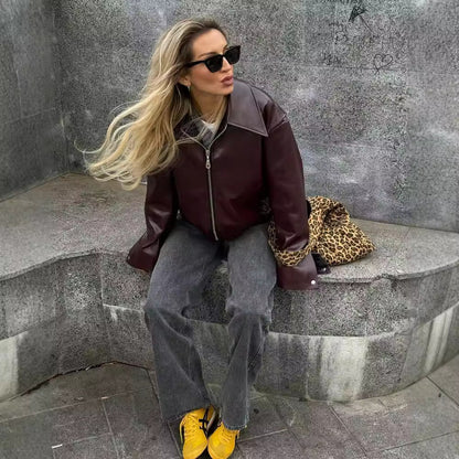 Veste Cuir Zippée à Revers