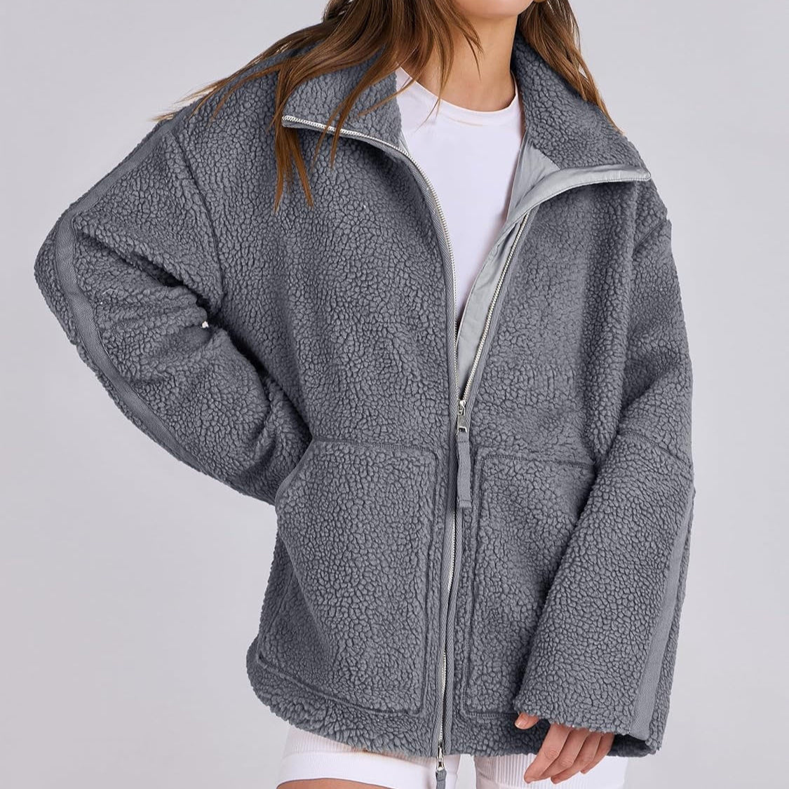 Manteau Zippé à Revers en Polaire